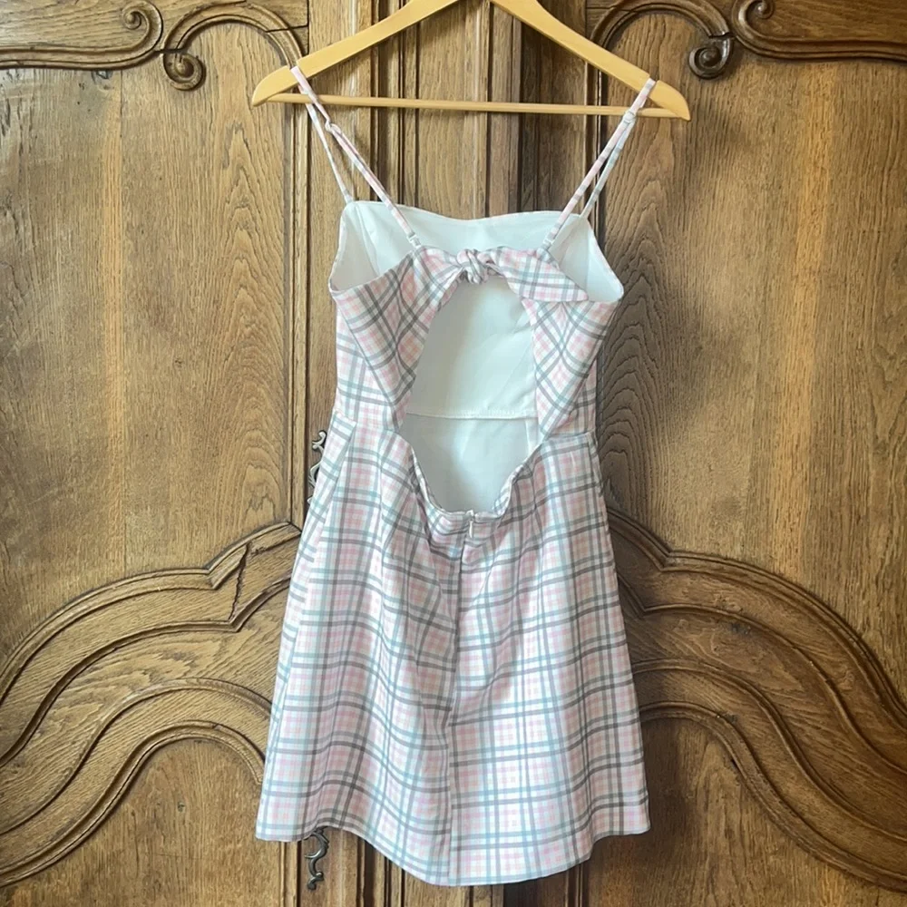 French Connection Yaki Whisper Gingham Sweetheart Tie Back Detail Mini Dress - Picture 10 of 12